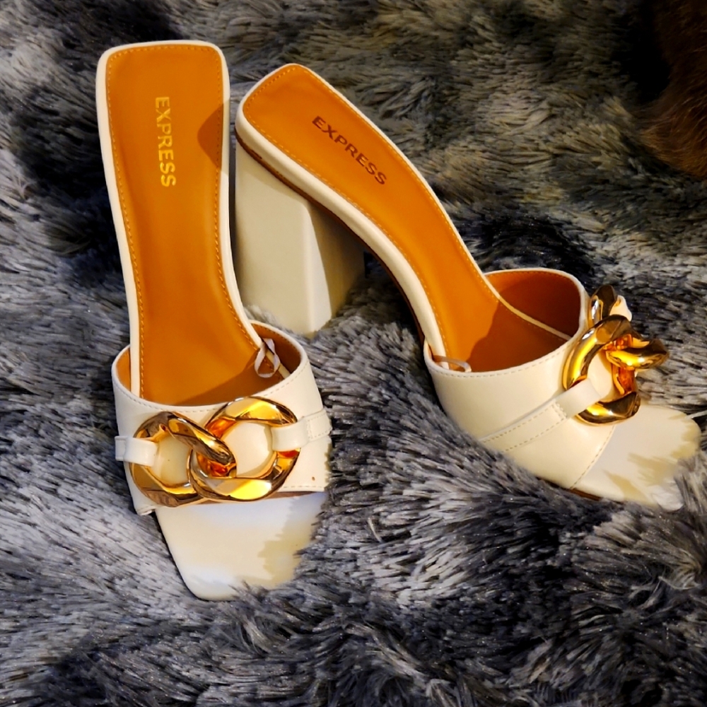 Express White and Gold Women's Heeled Sandals